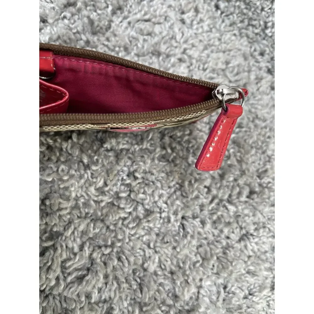 Coach Brown Tan Pink CC ID Holder Key Chain Keychain Jacquard Fabric